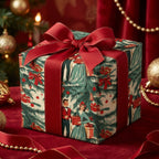 Elegantly wrapped Christmas gift featuring retro-style people & evergreen tree pattern, tied with a bold red ribbon.