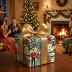 Elegant Christmas gift with vintage-style wrapping paper, gold ribbon, and festive family gathering in the background.