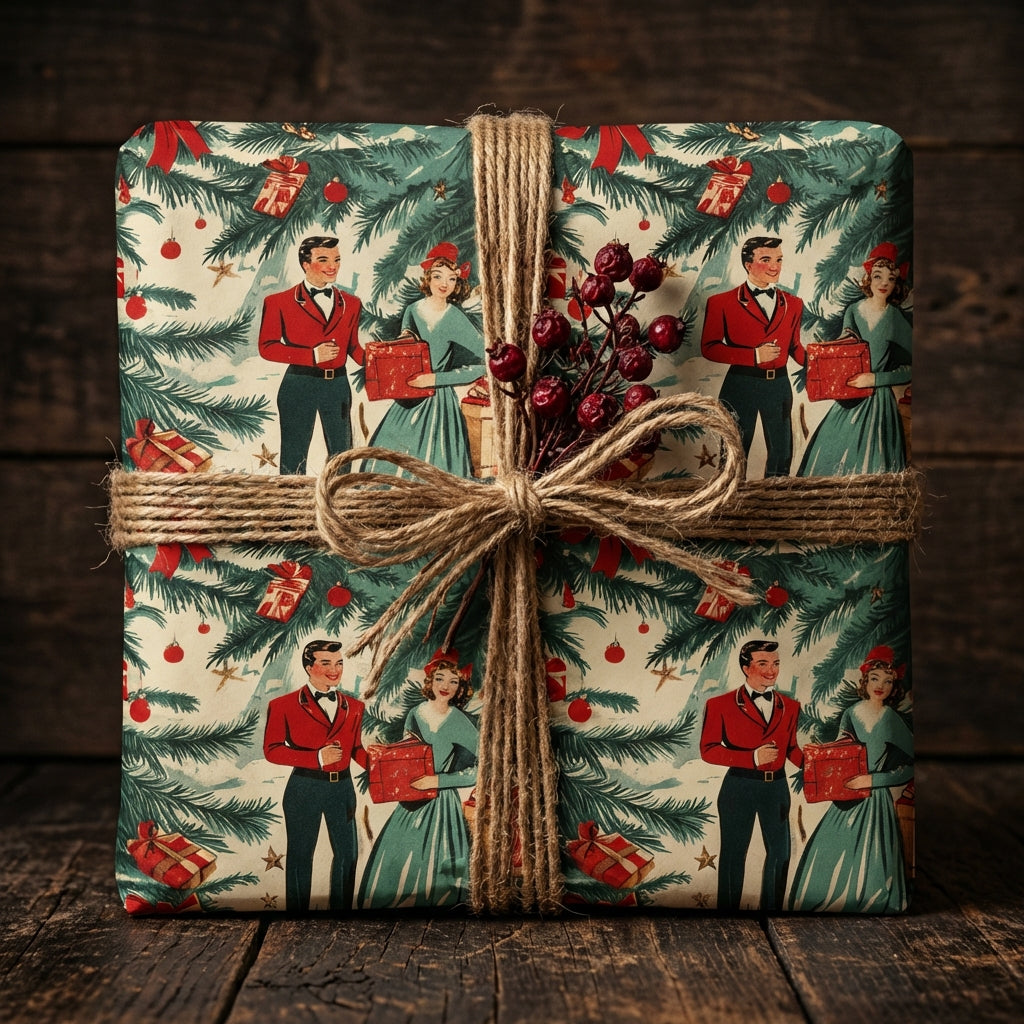 Retro Christmas wrapping paper with a vintage couple print tied with rustic twine and berries.