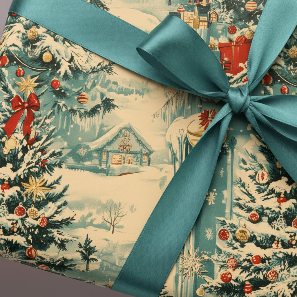 Vintage Christmas gift wrap with snowy winter village scene and teal satin ribbon.