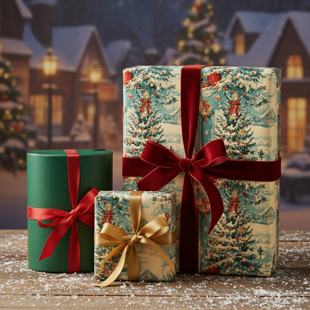 Festive Christmas presents wrapped in tree-patterned paper and tied with red and gold ribbon on a snowy wooden table.