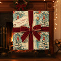 Elegant Christmas gift wrapped in vintage-style paper with snowy trees and a plush velvet ribbon.