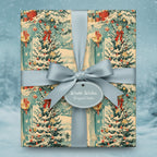 Square gift wrapped in vintage-style Christmas wrapping paper with a winter scene and blue ribbon.