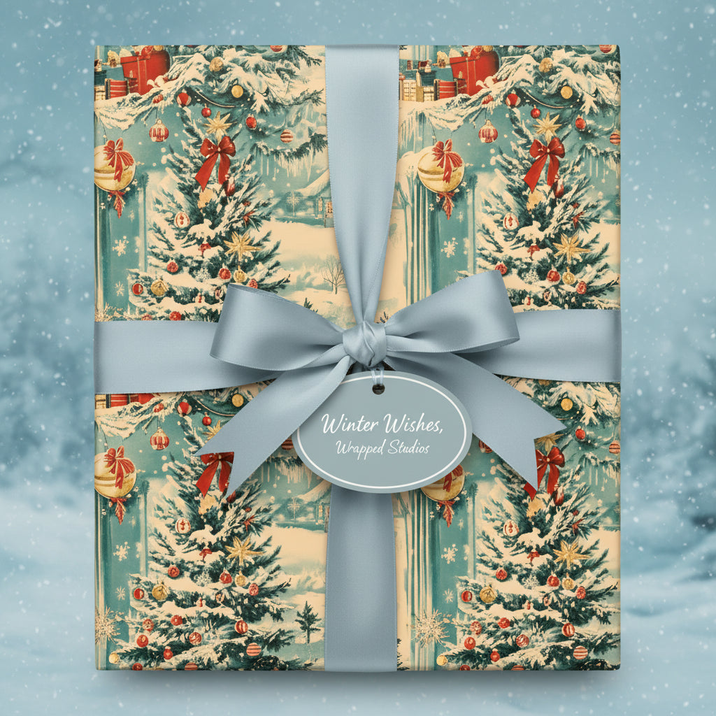 Square gift wrapped in vintage-style Christmas wrapping paper with a winter scene and blue ribbon.