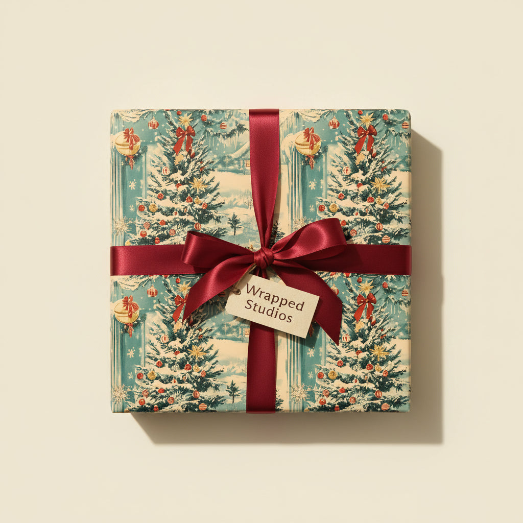 Square gift wrapped in vintage-style Christmas tree wrapping paper with a red satin bow.