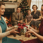 Family exchanging gifts wrapped in vintage Christmas wrapping paper with red satin ribbon, in front of a decorated tree.