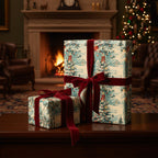 Elegant Christmas gifts wrapped in patterned paper with trees and burgundy velvet ribbon, placed near fireplace.