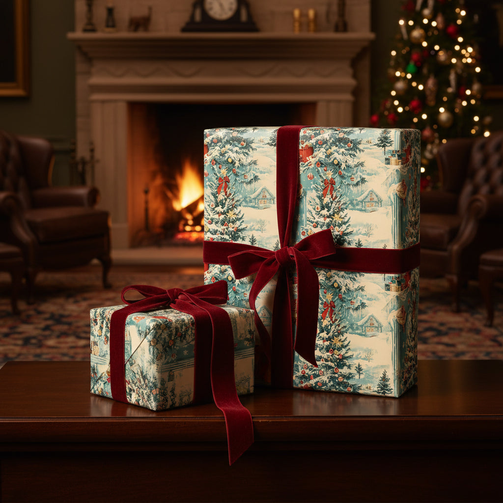 Elegant Christmas gifts wrapped in patterned paper with trees and burgundy velvet ribbon, placed near fireplace.