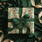 Elegant Christmas gift wrap with a vintage-inspired tree pattern and a dark green ribbon on a silky green background.
