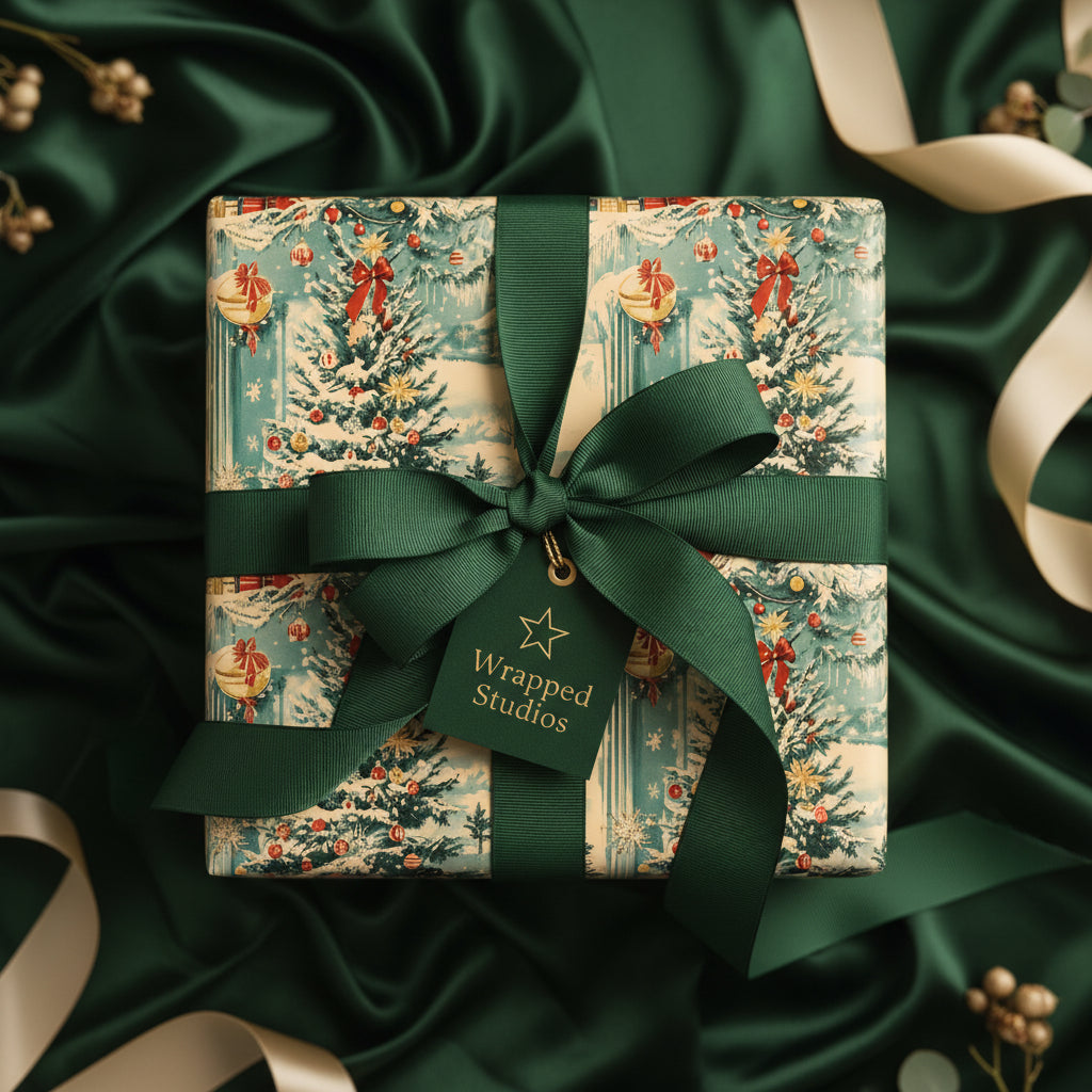 Elegant Christmas gift wrap with a vintage-inspired tree pattern and a dark green ribbon on a silky green background.