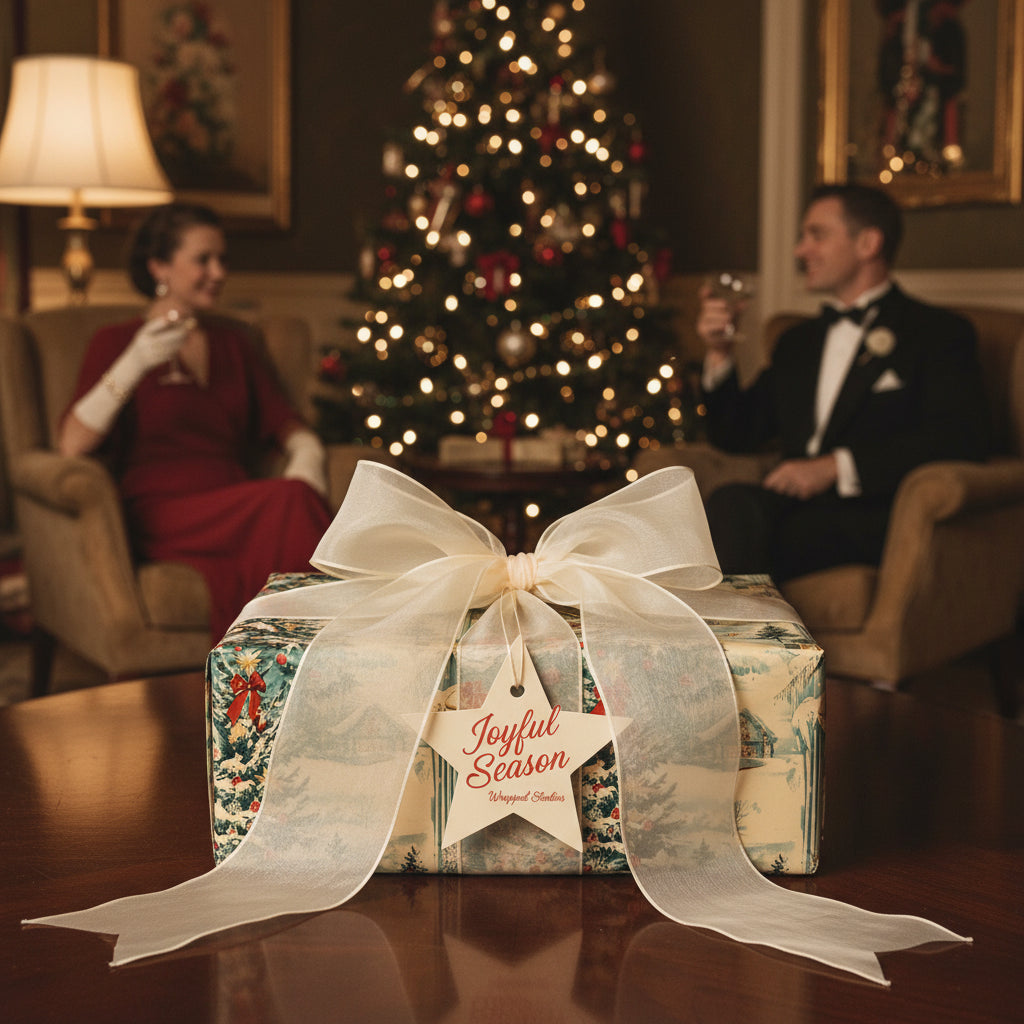 Elegant Christmas gift wrap with snowy scene, sheer white ribbon, and a "Joyful Season" tag in a festive holiday home.