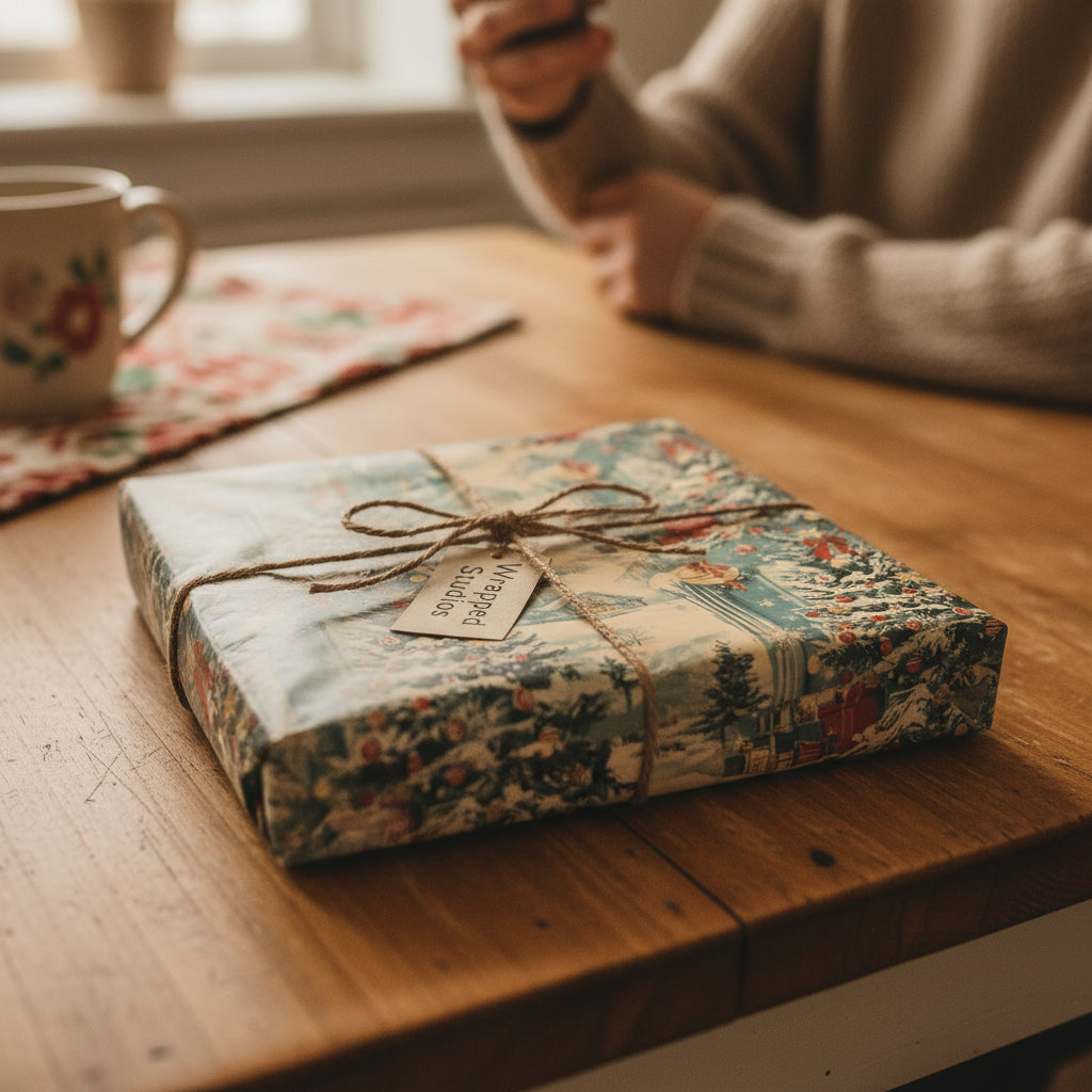 Square gift wrapped in Christmas wrapping paper with winter scene and twine bow, on a wooden table.