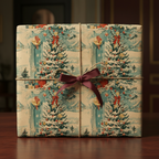 Vintage Christmas gift wrapped in decorative tree print paper, tied with twine and a burgundy ribbon.