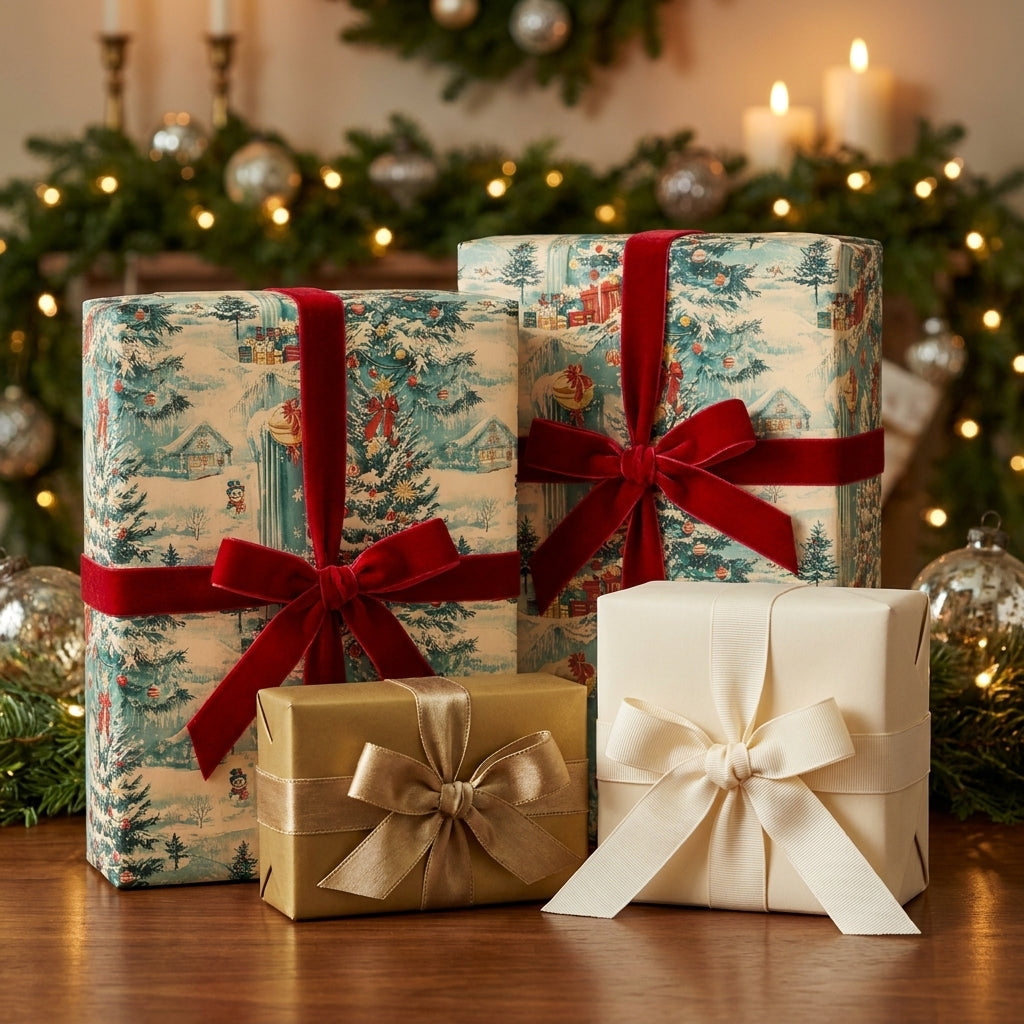 Vintage blue Christmas wrapping paper with luxury red velvet bows on holiday gifts by Wrapped Studios.