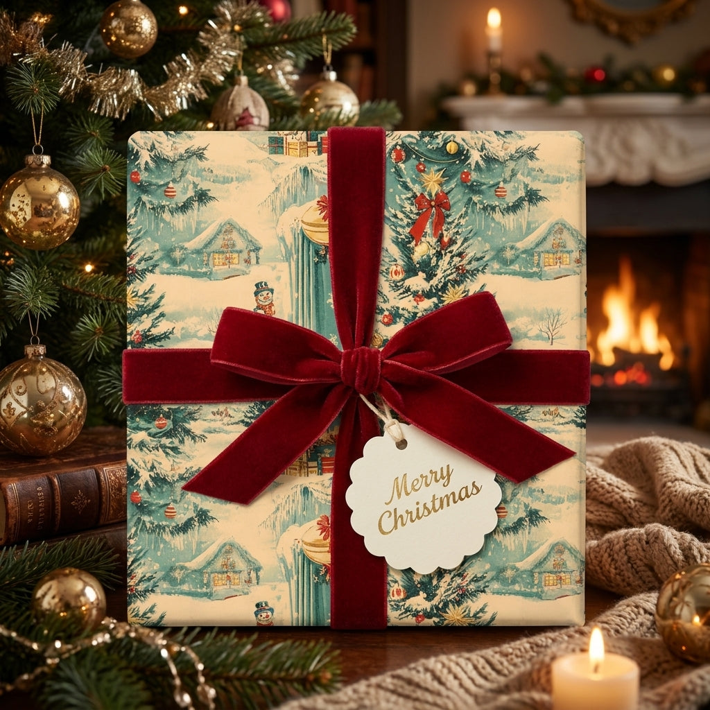 Vintage Christmas wrapping paper with a winter scene and luxury red velvet ribbon by Wrapped Studios.