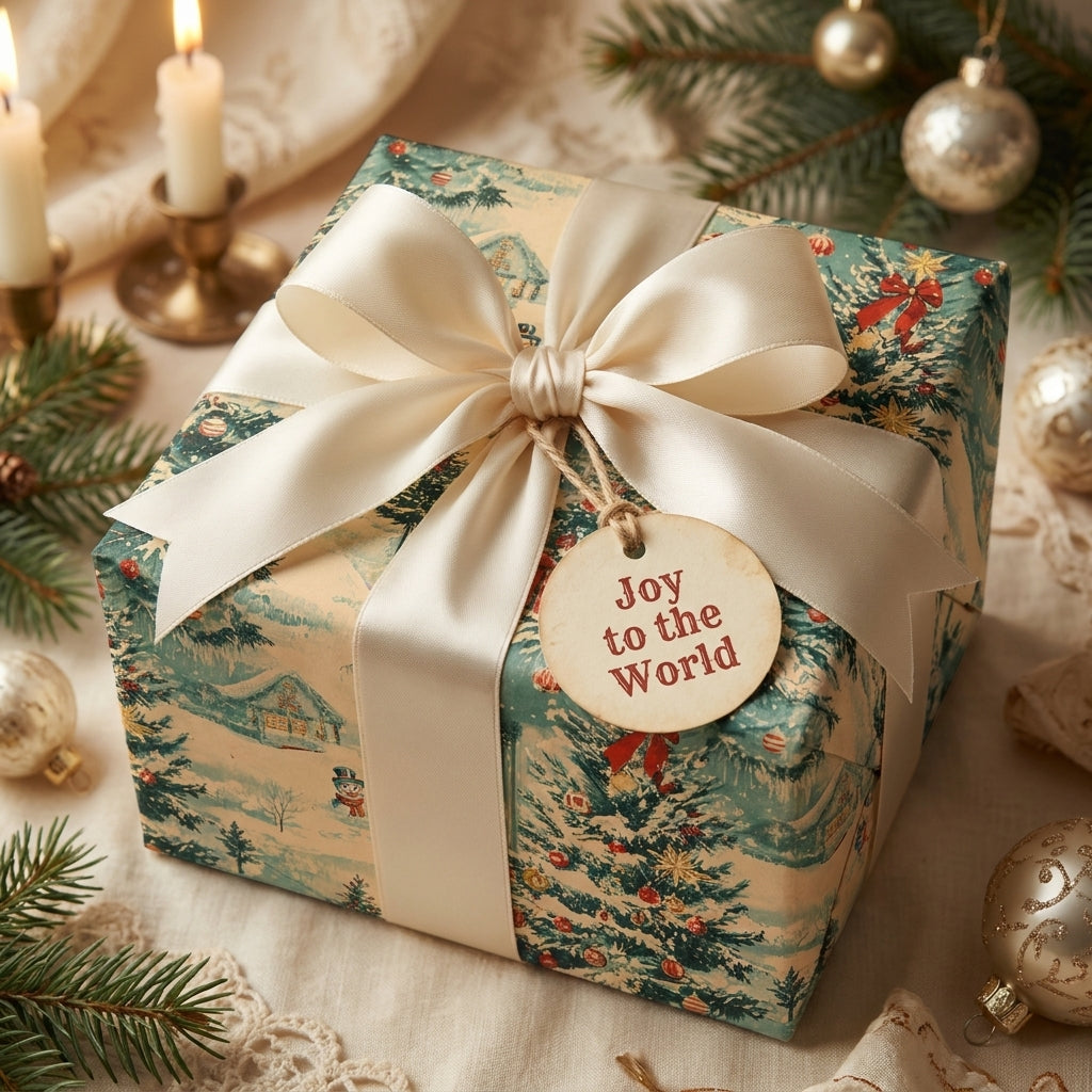 Vintage Christmas wrapping paper with a winter scene, cream satin bow, and holiday gift tag by Wrapped Studios.