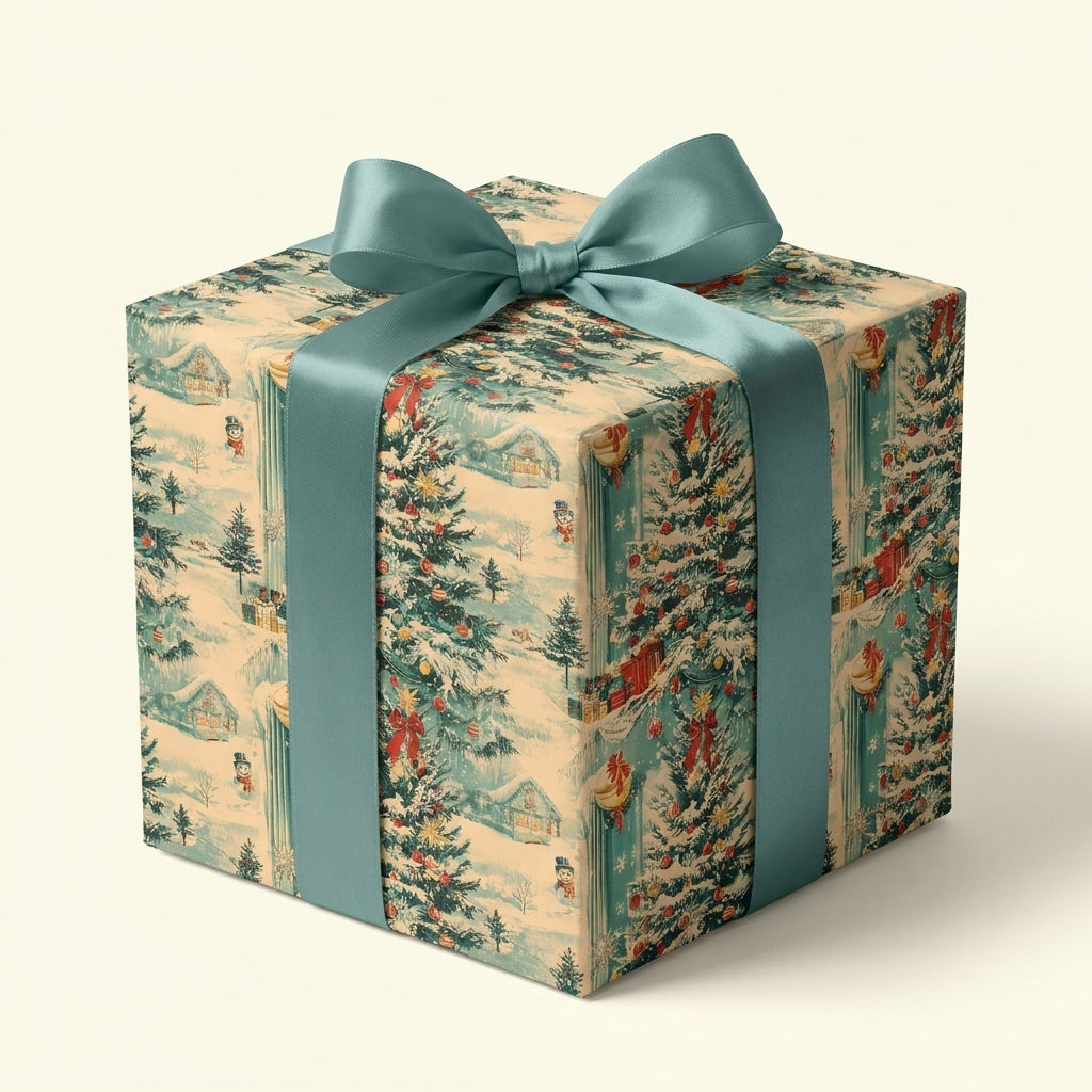Vintage Christmas wrapping paper with a winter village scene and teal satin bow, from Wrapped Studios.