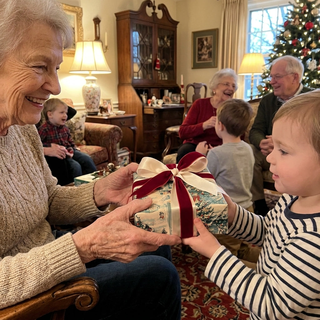Grandmother handing a gift in vintage Christmas wrapping paper with red ribbon by Wrapped Studios.
