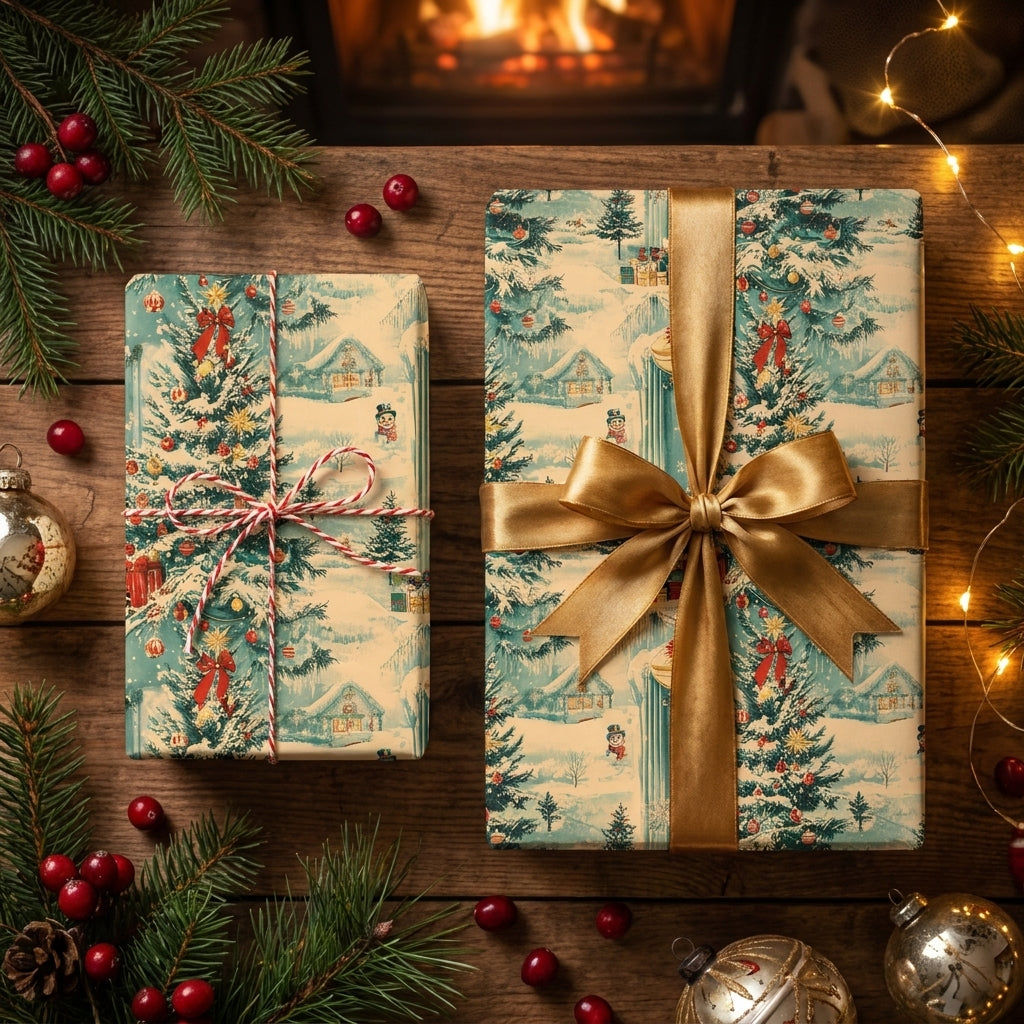 Vintage Christmas wrapping paper by Wrapped Studios on holiday gifts with a gold satin bow.