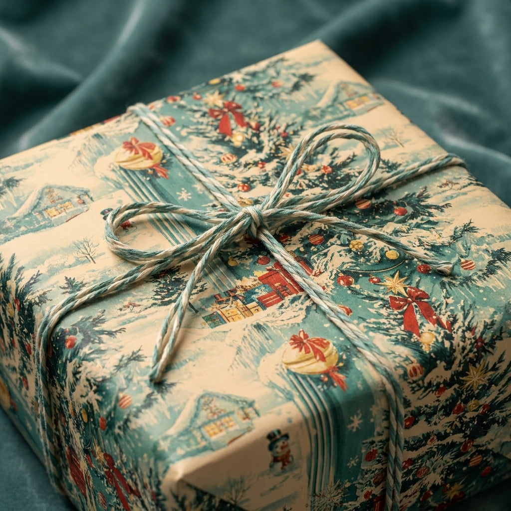 Vintage Christmas wrapping paper featuring a winter scene on a gift tied with rustic twine by Wrapped Studios.