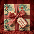 Vintage Christmas wrapping paper with a winter scene pattern, red ribbon, and gift tag by Wrapped Studios.