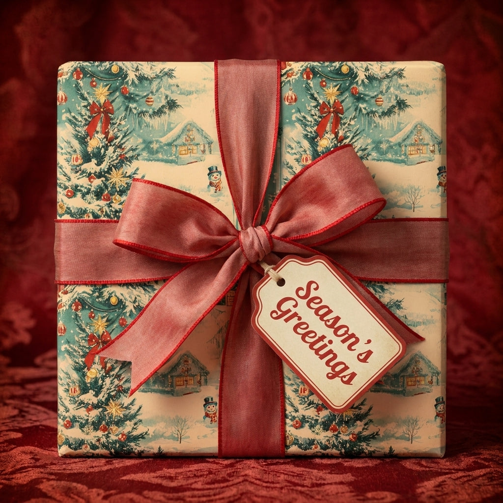 Vintage Christmas wrapping paper with a winter scene pattern, red ribbon, and gift tag by Wrapped Studios.