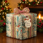 Vintage Christmas wrapping paper by Wrapped Studios on a gift box with a snowman tag and gold ribbon.