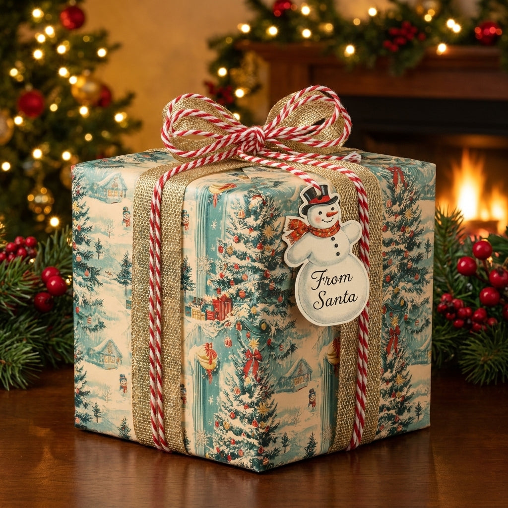 Vintage Christmas wrapping paper by Wrapped Studios on a gift box with a snowman tag and gold ribbon.