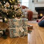 Vintage Christmas wrapping paper by Wrapped Studios on a gift with a Noel tag under a cozy tree.