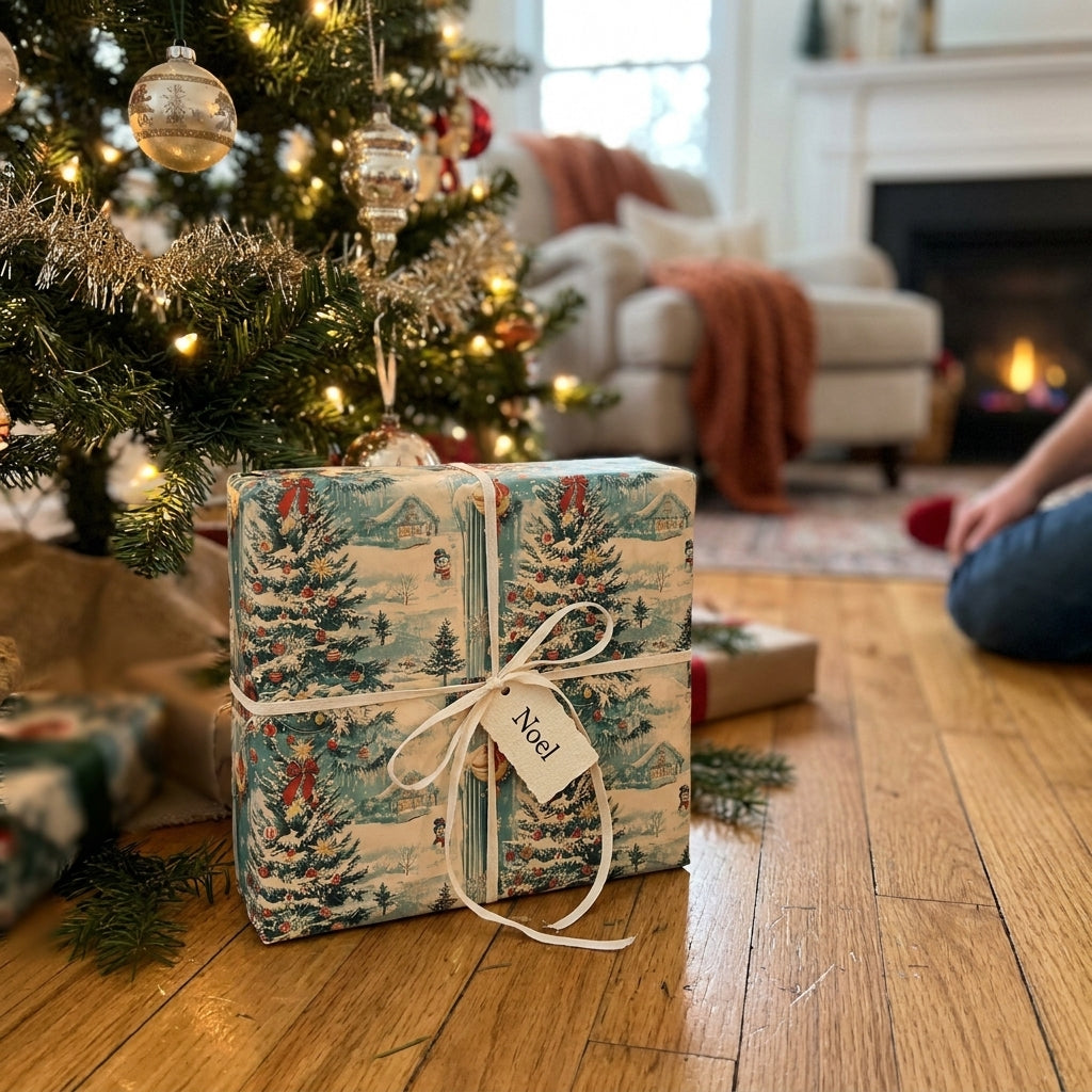 Vintage Christmas wrapping paper by Wrapped Studios on a gift with a Noel tag under a cozy tree.
