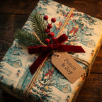 Vintage Christmas wrapping paper with winter scenes, red velvet bow, and Peace & Joy tag by Wrapped Studios.