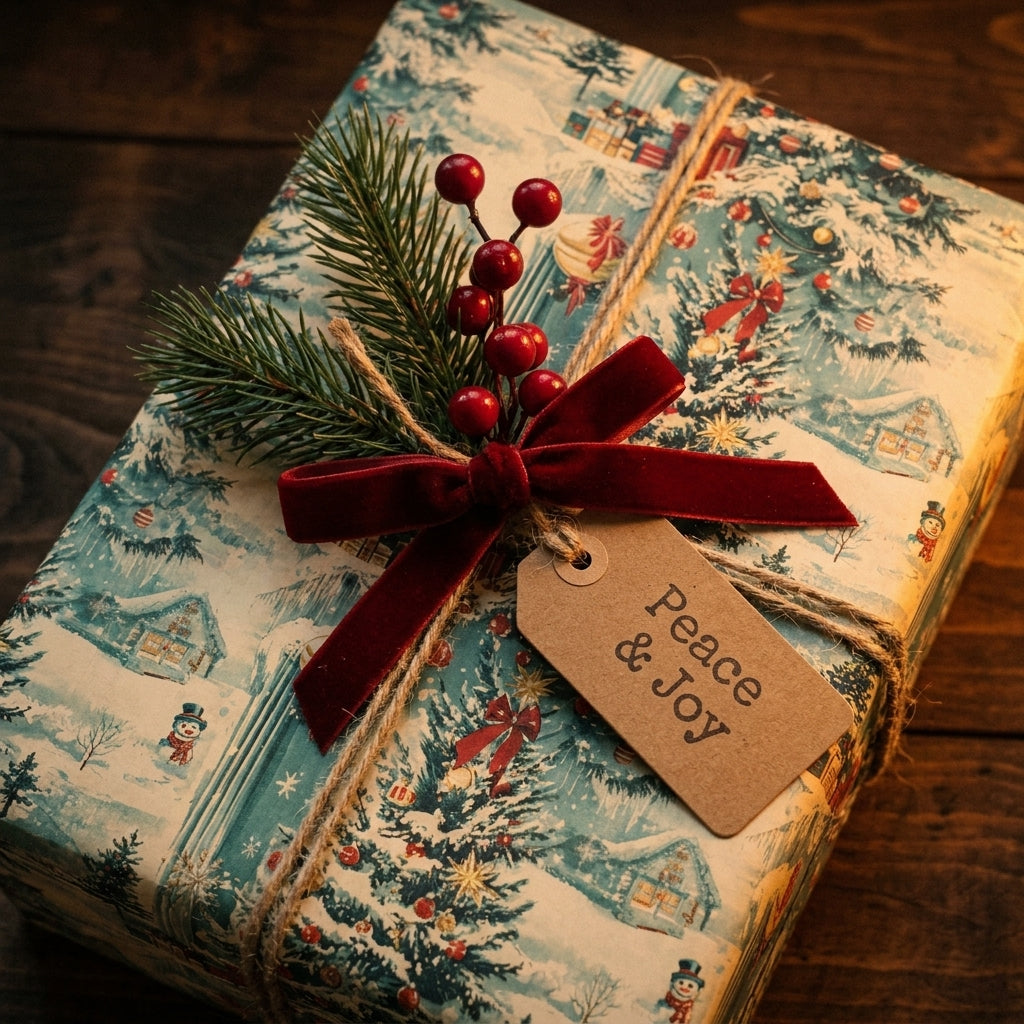 Vintage Christmas wrapping paper with winter scenes, red velvet bow, and Peace & Joy tag by Wrapped Studios.