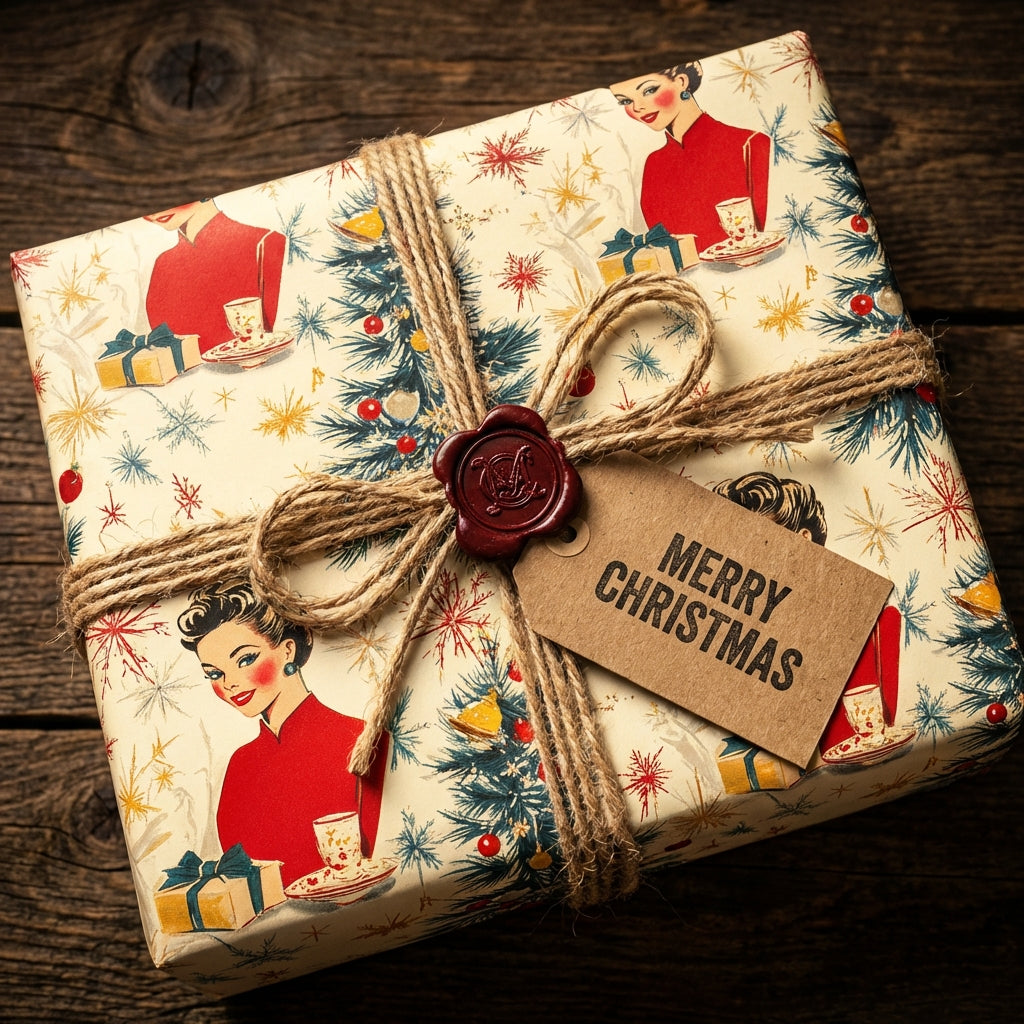 Retro-style Christmas gift wrap with festive winter foliage and woman design, tied with rustic twine and wax seal.