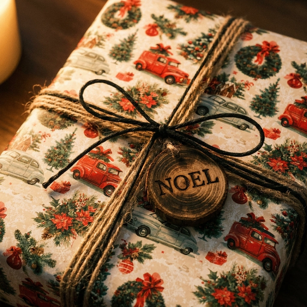 Vintage Christmas wrapping paper with red trucks, rustic twine, and Noel tag by Wrapped Studios.