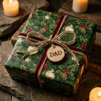 Vintage Christmas wrapping paper with a pine pattern, red velvet ribbon, and DAD wood tag by Wrapped Studios.