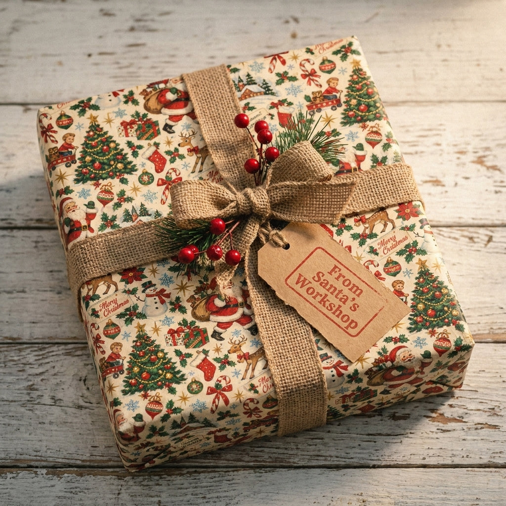 Vintage Christmas wrapping paper with Santa Claus pattern and burlap bow by Wrapped Studios.