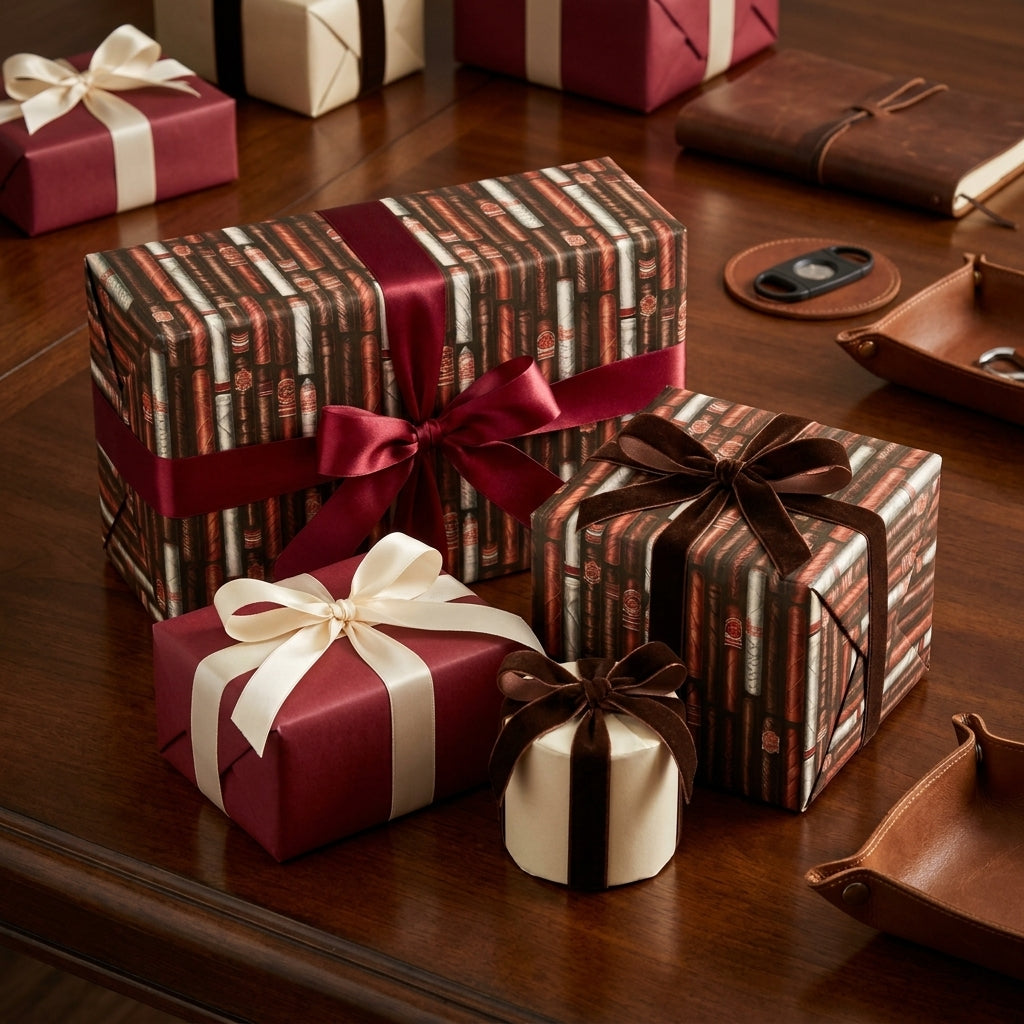 Cigar gift wrap with luxury satin and velvet ribbons on a wooden table, by Wrapped Studios.