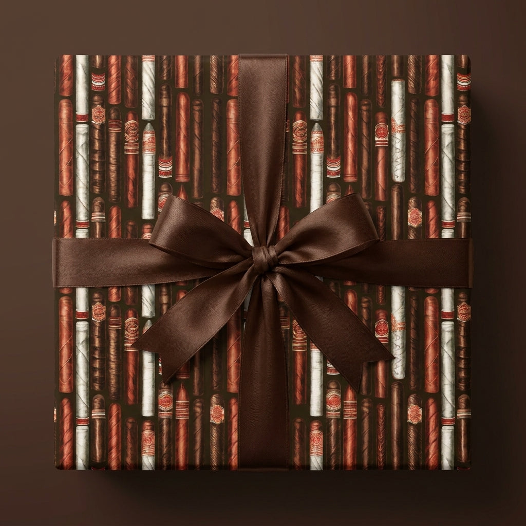 Masculine cigar wrapping paper with a brown satin bow by Wrapped Studios. Vintage Father's Day gift wrap.