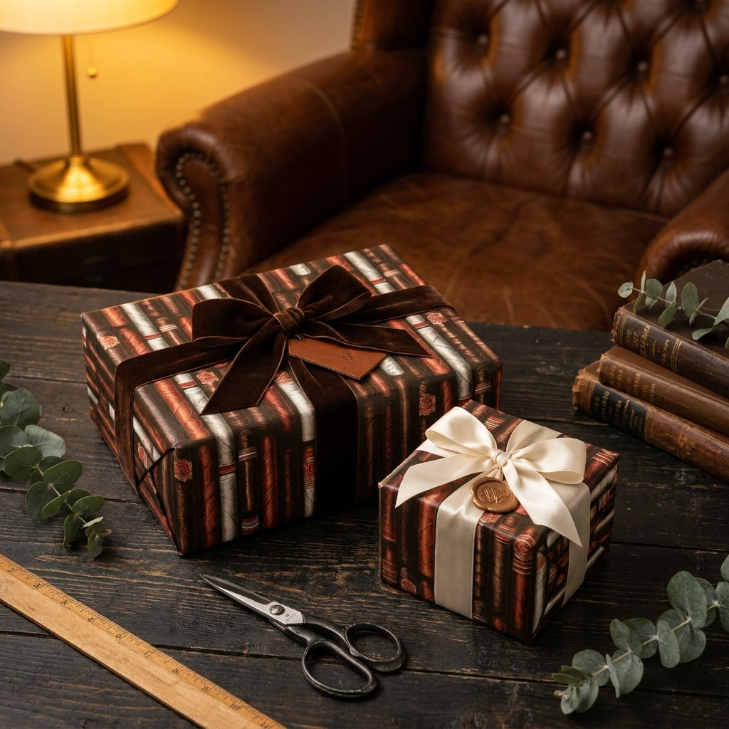 Vintage book wrapping paper on gifts with luxury velvet and satin bows by Wrapped Studios.