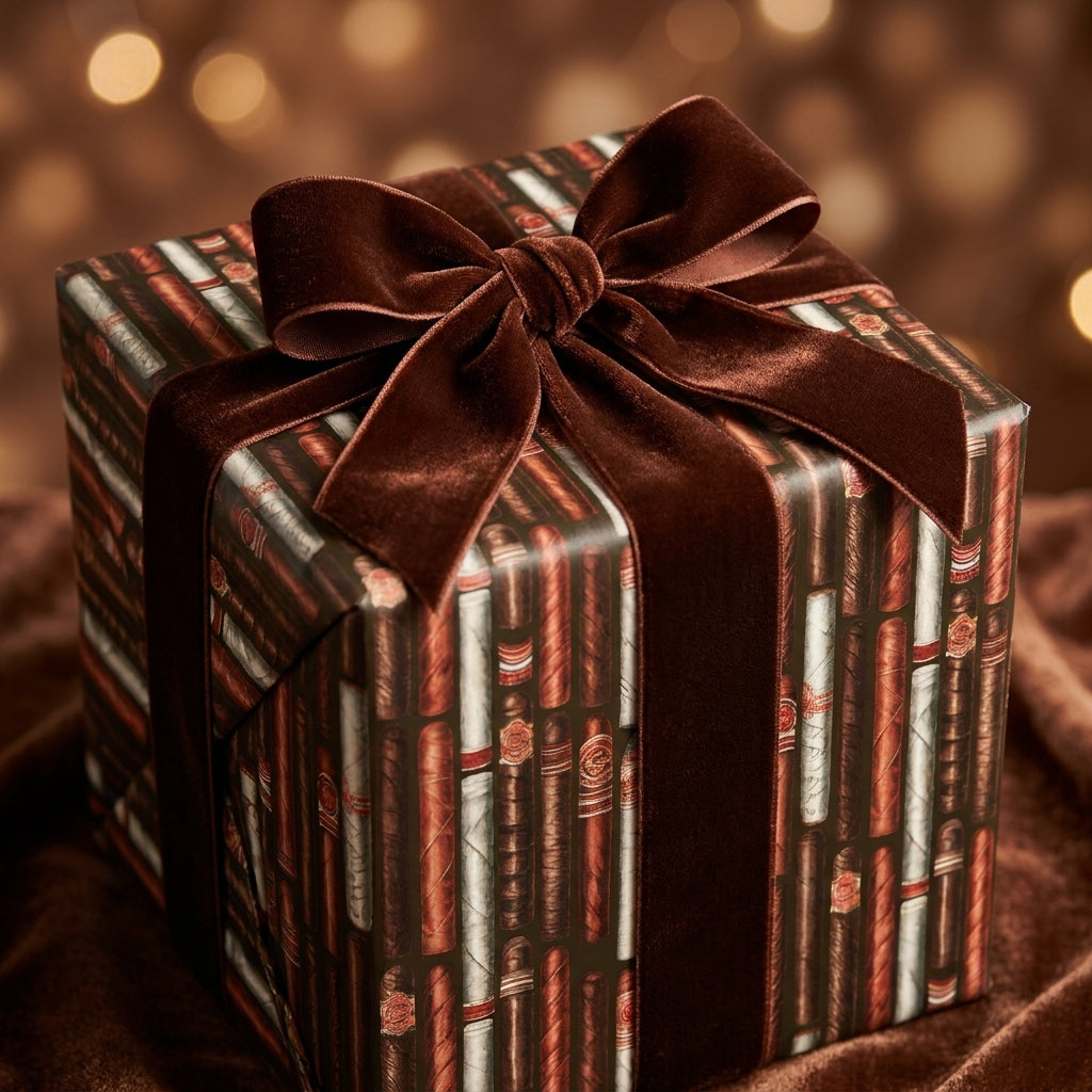 Cigar wrapping paper with a brown velvet bow by Wrapped Studios, perfect for luxury masculine gifts.