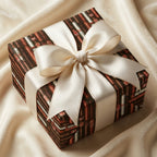 Masculine cigar wrapping paper on a luxury gift box with cream satin bow by Wrapped Studios.