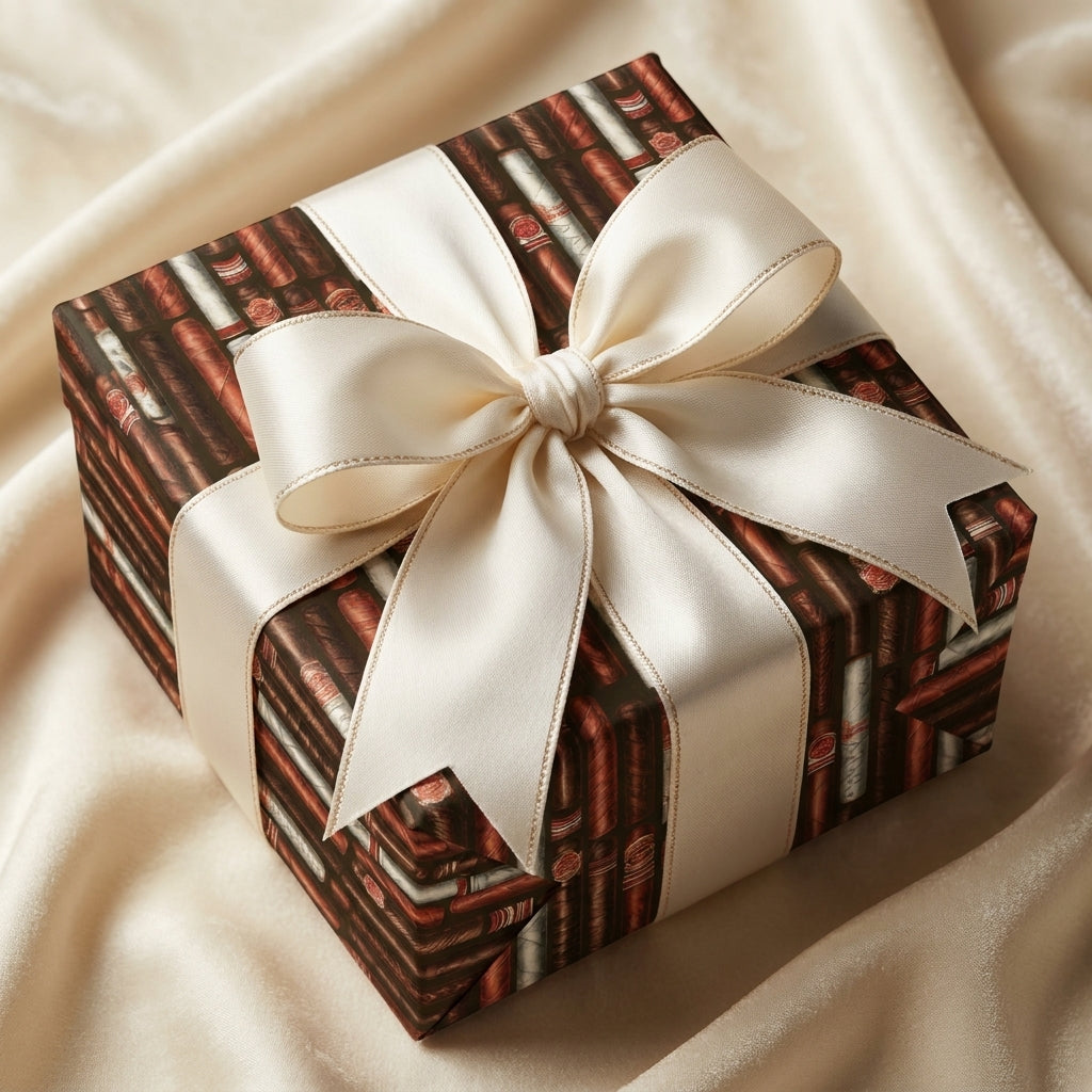 Masculine cigar wrapping paper on a luxury gift box with cream satin bow by Wrapped Studios.