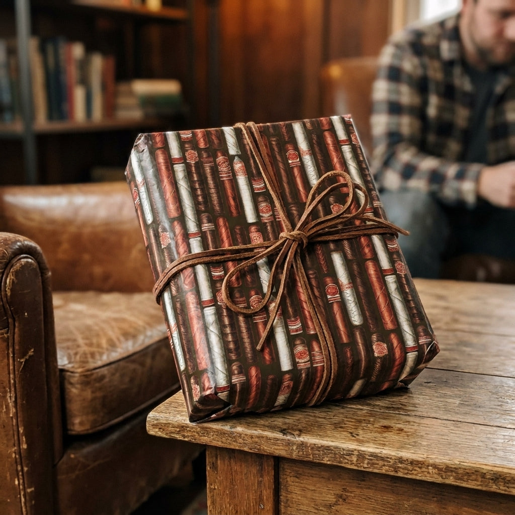 Rustic masculine cigar wrapping paper on a gift box with leather bow, by Wrapped Studios.