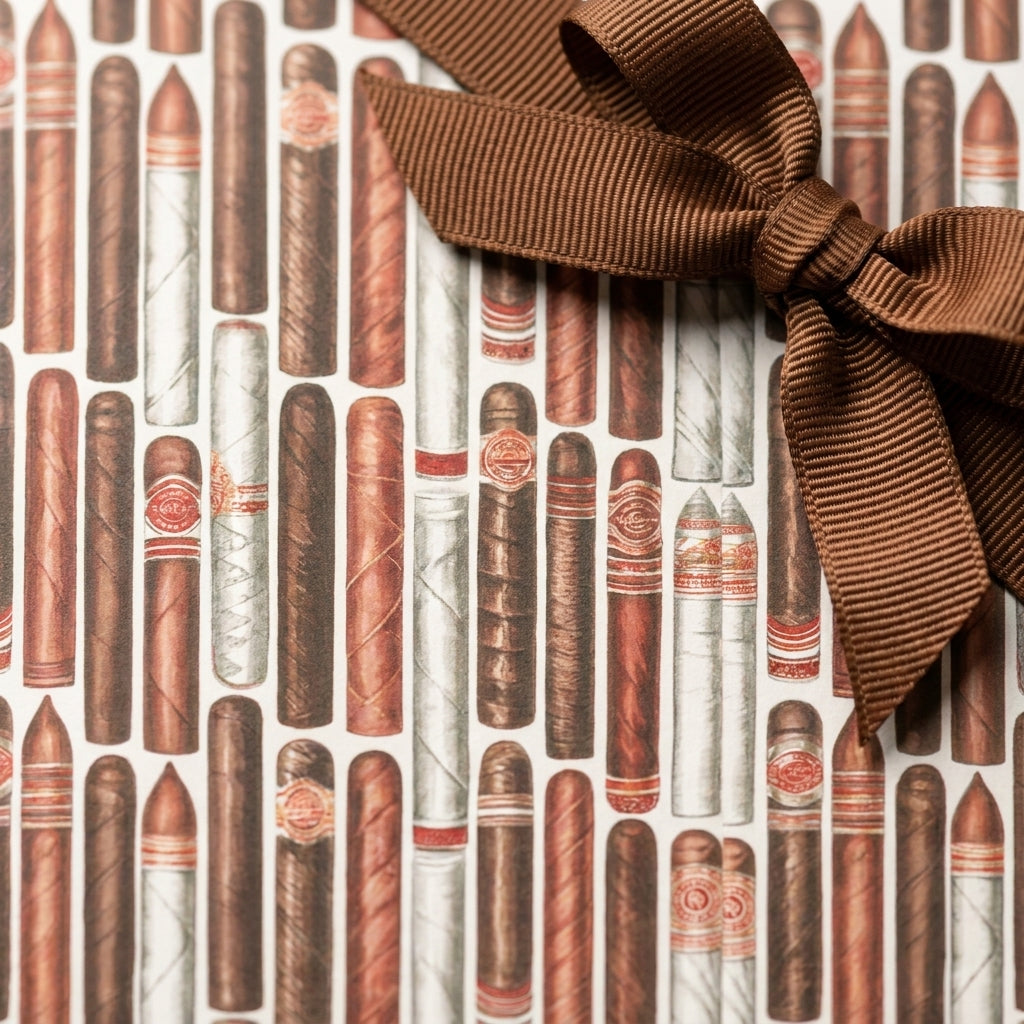 Cigar wrapping paper with a brown ribbon bow for Father's Day or groomsmen gifts by Wrapped Studios.