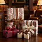 Cigar wrapping paper and luxury gift wrap with velvet bows in a library by Wrapped Studios.