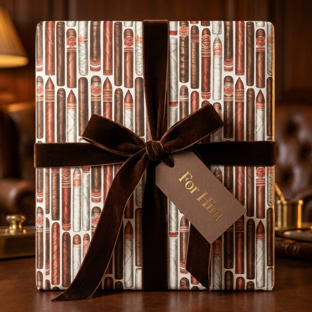 Luxury cigar wrapping paper with a brown velvet ribbon and "For Him" tag by Wrapped Studios.