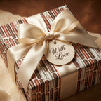 Cigar wrapping paper on a masculine gift box with cream satin ribbon and gift tag by Wrapped Studios.