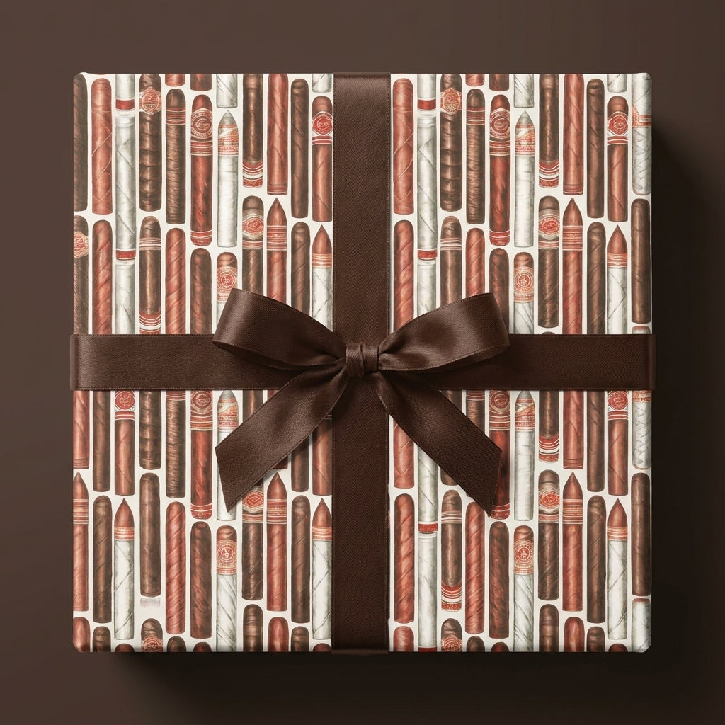 Cigar wrapping paper on a gift box with a brown bow, masculine Father's Day gift wrap by Wrapped Studios.