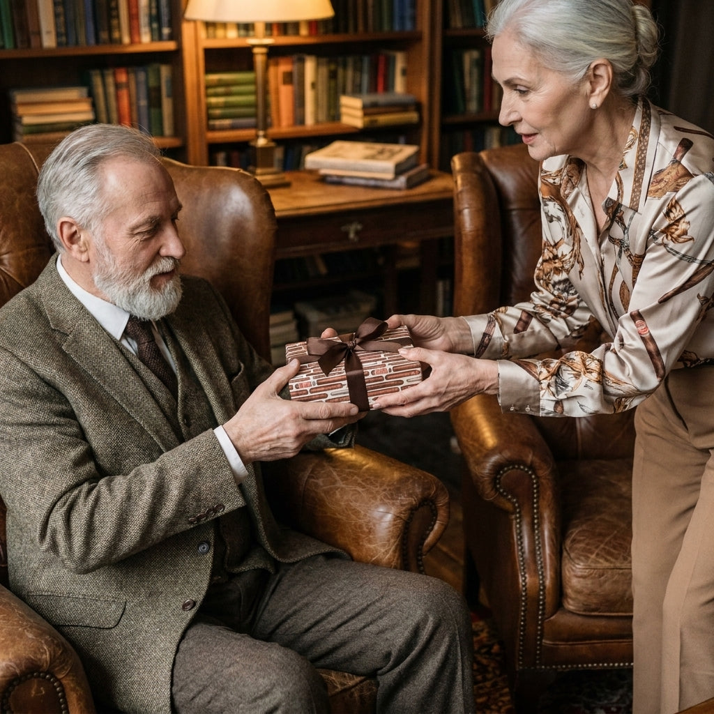Senior couple exchanging a gift in vintage library wrapping paper by Wrapped Studios.