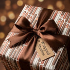 Cigar wrapping paper with a brown satin bow and tag by Wrapped Studios, perfect for masculine Father's Day gifts.